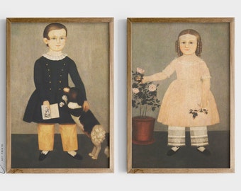 Young boy and Young girl painting by Samuel Miller Art Print | Set of 2 | Wall Hanging seen in Gilmore Girl home | Vintage Digital Printable