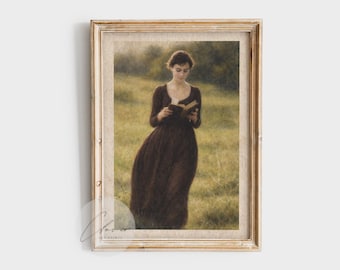 Vintage litterär väggkonst | Kvinna som läser i fält från regencyperioden | Jane Austen Stolthet och fördom inspirerat tryck | Elizabeth Bennet illustration