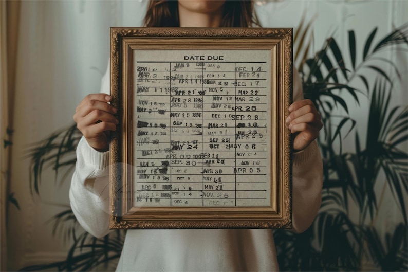 May include: A framed vintage library card due date chart with handwritten dates in black ink. The chart is in a gold frame and is being held by a person.