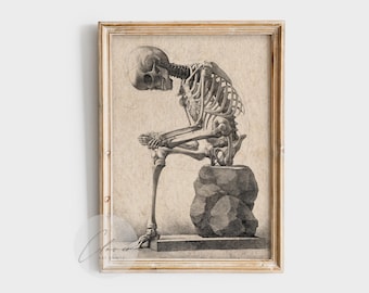 Skeleton Thinking Print | Vintage Anatomy Wall Art | Memento Mori Decor | Gothic Academic Poster | Retro Sketch Artwork | Dark Academia Art
