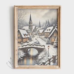 Cozy Winter Town Digital Painting | Vintage Art Print for Christmas Wall Decor | Snowy Landscape Printable | Xmas Holiday Instant Download
