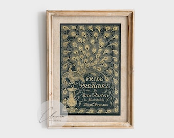 Pride & Prejudice Book Cover Art Print | Bookish Gift for Book Lovers and Bookworms | Vintage Digital Printable | Green and Gold Wall Decor