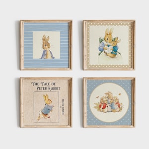 May include: Set of four framed prints featuring illustrations of Peter Rabbit. The prints have blue and white striped frames and feature different scenes from the book "The Tale of Peter Rabbit".