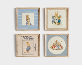 May include: Set of four framed prints featuring illustrations of Peter Rabbit. The prints have blue and white striped frames and feature different scenes from the book "The Tale of Peter Rabbit".