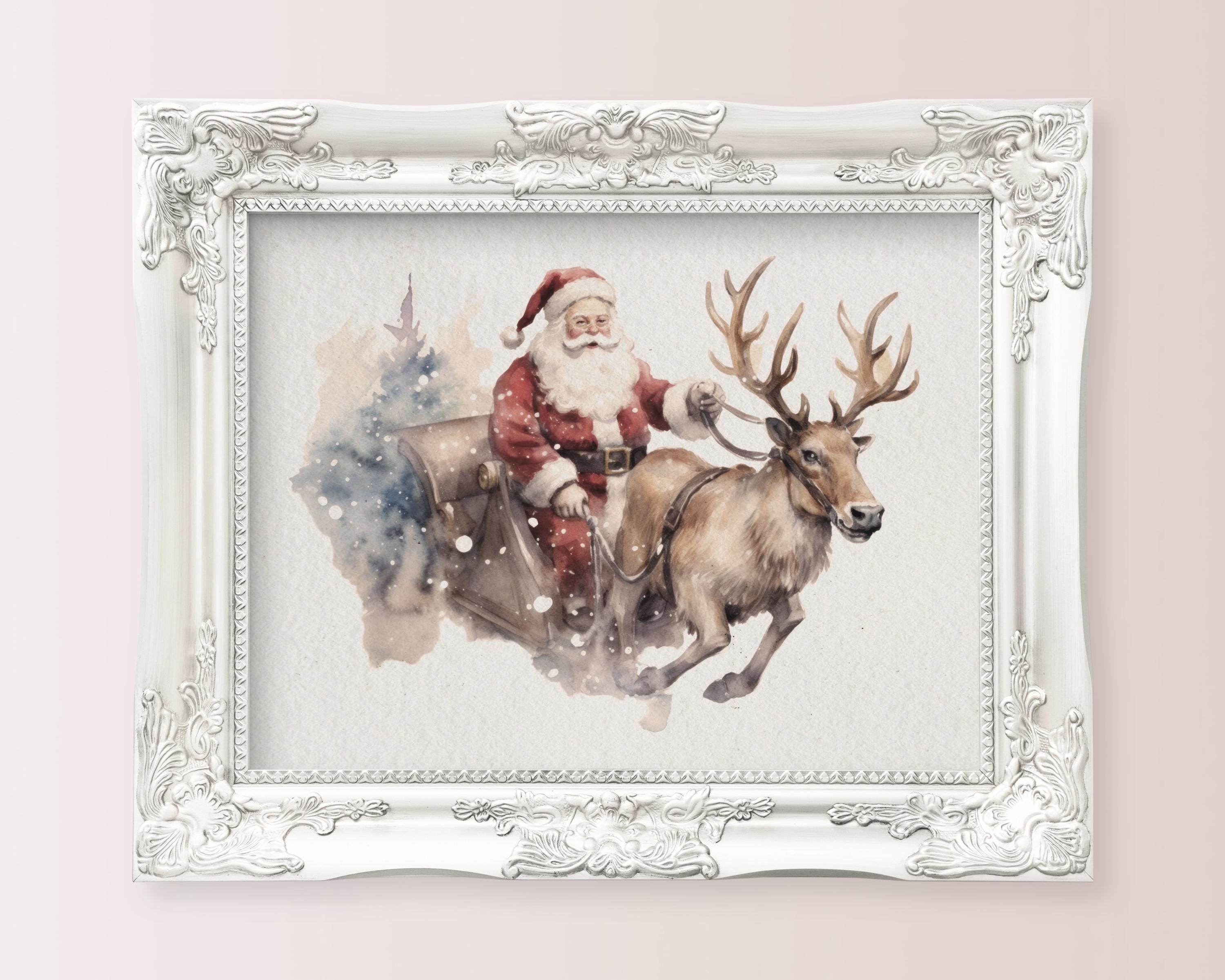 クリスマスの壁飾りにぴったりな、サンタとトナカイのそりの絵