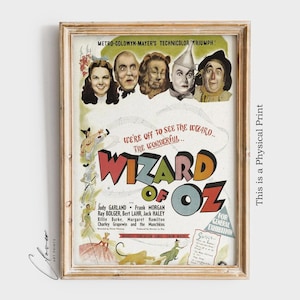 May include: A framed vintage movie poster for "The Wizard of Oz." The poster features colorful illustrations of the main characters and the film's title in bold letters. The poster includes the names of the actors and the tagline "We're off to see the wizard..."
