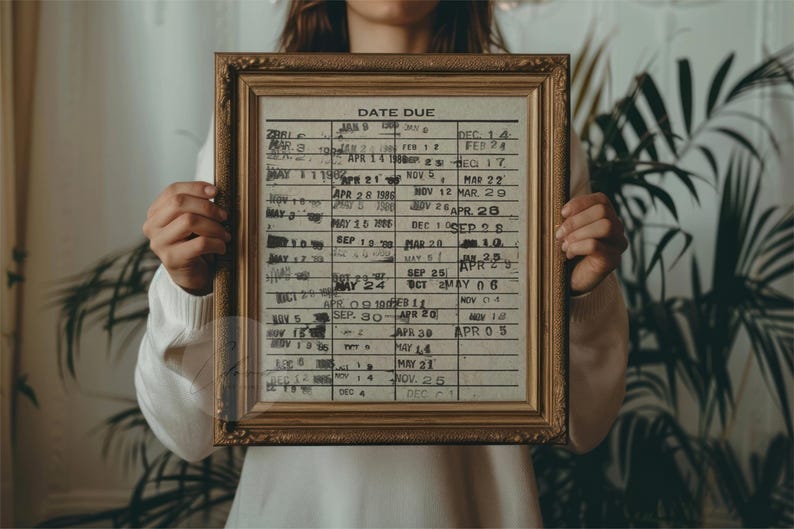 Peut inclure: Un tableau de dates d'&eacute;ch&eacute;ance de carte de biblioth&egrave;que vintage encadr&eacute; avec des dates manuscrites &agrave; l'encre noire. Le tableau est dans un cadre dor&eacute; et est tenu par une personne.