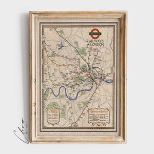 Mapa Retro Underground Railways de Londres | Decoração de Parede com Mapa Estético da Cidade | Impressão Digital Vintage | Presente para Amante de Trens Arte Rústica para Imprimir