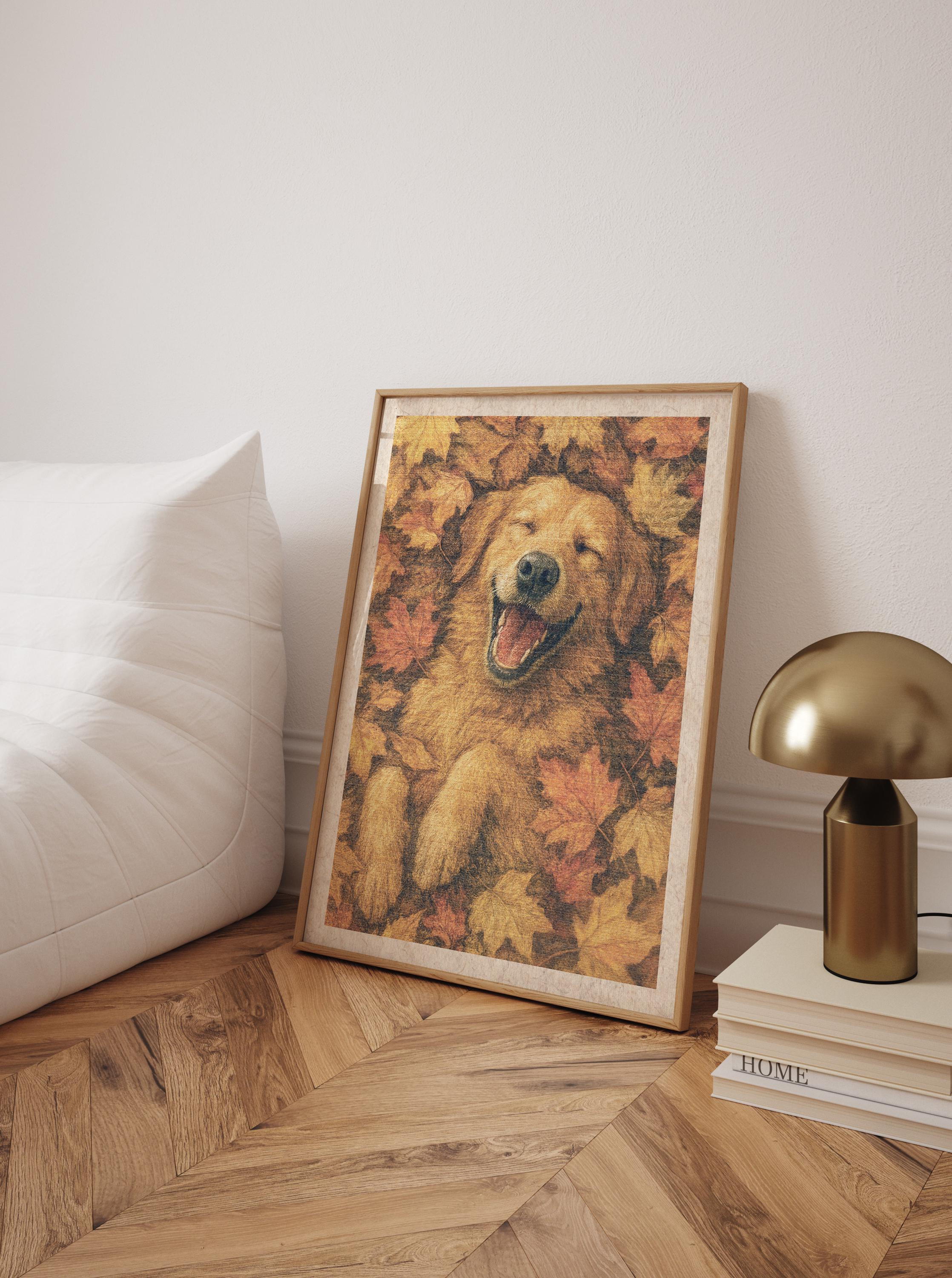 Golden Retriever Autumn Art Print – Cute Dog in Fall Leaves Vintage ...