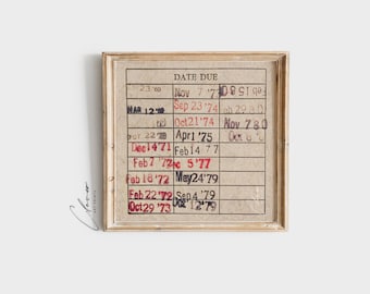 Retro Library Due Date Card Print | Vintage Librarian Wall Art | Book Lover Gift | Antique Literary Ephemera | Square Bookish Prints