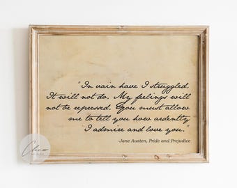 Pride and Prejudice-citaatprint | Jane Austen-muurkunst | Mijnheer Darcy-liefdesbrief | Romantisch literair decor | Vintage poster met boekcitaat