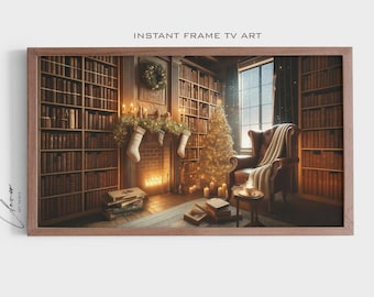 May include: A cozy library setting with a fireplace, a Christmas tree, and a comfortable armchair. The room is decorated with bookshelves filled with books, stockings hanging from the fireplace, and candles.