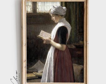 Lámina artística vintage para amantes de los libros: Niña leyendo / Regalo para ratones de biblioteca / Decoración para la pared de la biblioteca / Descarga instantánea de láminas digitales / Decoración para el rincón de lectura
