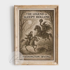 Peut inclure: Une affiche encadr&eacute;e en s&eacute;pia de "La L&eacute;gende de Sleepy Hollow" de Washington Irving. L'&oelig;uvre repr&eacute;sente deux cavaliers, dont un sans t&ecirc;te, traversant une for&ecirc;t, avec un pont au premier plan. L'affiche est dans un cadre en bois.