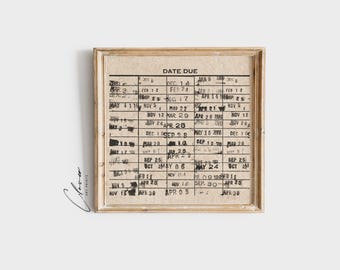 Arte de parede com cartão de data de entrega de biblioteca vintage | Decoração retrô para bibliotecários | Presente para amantes de livros | Impressão literária para cantinho de leitura | Impressões quadradas com estilo literário