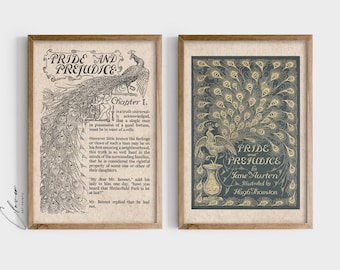 May include: Two framed prints of the classic novel Pride and Prejudice by Jane Austen. The first print features a peacock design and an excerpt from the first chapter of the book. The second print features a peacock design and the title of the book with the author's name and illustrator's name.