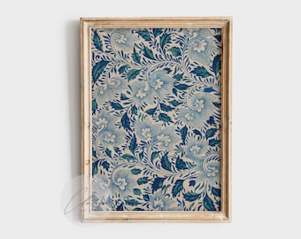 Estampado floral azul vintage imprimible digitalmente para decoración de pared azul marino. Galería de arte mural de pinturas de artistas famosos. Arte mural estético de gran tamaño.