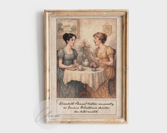 Jane Austen World Crossover Illustration Art Print | Elizabeth Bennet & Emma Woodhouse Tea Scene | Pride and Prejudice Emma Literary Decor