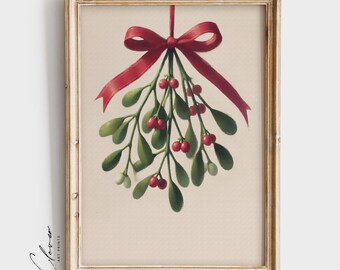 Minimalistic Style Mistletoe Illustration for Cozy Christmas Wall Decor | Vintage Mistletoe Digital Print | Cute Christmas Art Print