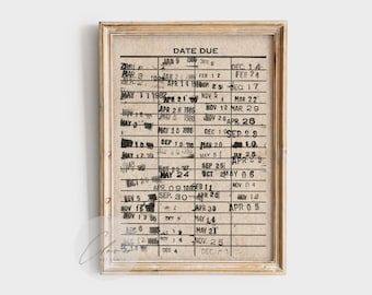 Vintage Library Card Print | Retro Book Due Date Card Digital Print | Antique Library Wall Decor | Reading Nook Wall Art | Rustic Book Print