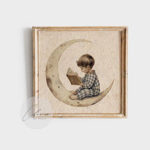 Boy Reading on Moon Art Print | Whimsical Nursery Wall Decor | Vintage Style Pajama Reading Child Illustration for Kids Room | Cute Wall Art