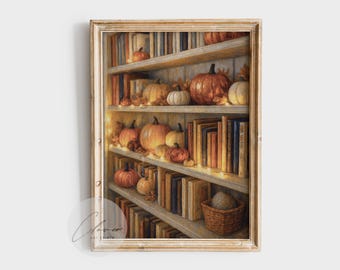 Decoración artística de otoño para amantes de los libros / Decoración retro de calabaza / Impresión de estantería vintage para rincones de lectura / Obra de arte acogedora de Halloween / Pintura de libro linda