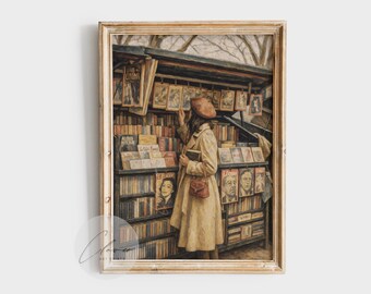 Vintage Woman in Bookshop Print | Retro Record Store Wall Art | Nostalgic Library Decor | Vintage Reading Wall Hanging | Cozy Winter Decor