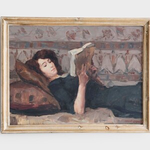 May include: A painting of a woman lying down and reading a book. She is wearing a dark dress and has dark hair. The background is a light gray with a pattern of flowers and leaves. The painting is signed "Isaac Israels" in the lower right corner.