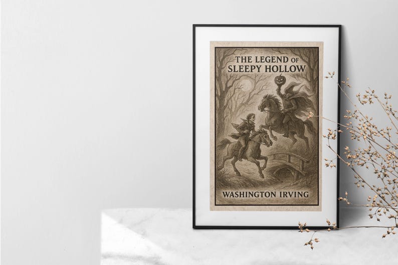 Peut inclure: Impression encadr&eacute;e de "La L&eacute;gende de Sleepy Hollow" de Washington Irving. L'&oelig;uvre d'art s&eacute;pia repr&eacute;sente un cavalier sans t&ecirc;te poursuivant un cavalier &agrave; cheval sur un pont, avec du texte en haut et en bas.