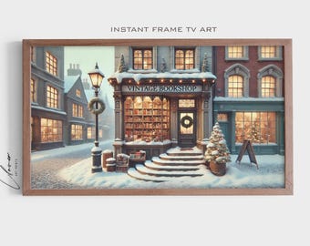 Pode incluir: Uma vitrine de uma livraria vintage com uma cena de rua nevada. A loja tem uma placa que diz "Vintage Bookshop" e está decorada com luzes de Natal e uma guirlanda. Há uma pequena árvore de Natal em frente à loja.