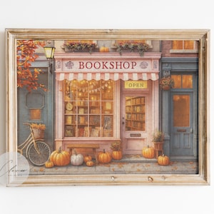 Cozy Autumn Bookshop Art Print – Vintage Bookstore Wall Decor with Pumpkins, Fall Reading Nook Illustration for Book Lovers, Nostalgic Print