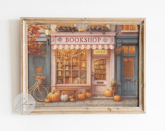 Cozy Autumn Bookshop Art Print – Vintage Bookstore Wall Decor with Pumpkins, Fall Reading Nook Illustration for Book Lovers, Nostalgic Print