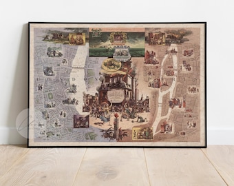 May include: A vintage map of London, England, with a detailed illustration of the Great Fire of London in 1666. The map shows the streets and buildings of the city, as well as the fire's path of destruction. The illustration includes people, buildings, and fire.