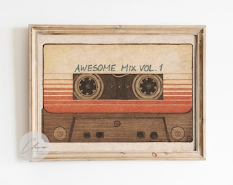 Retro cassettebandje muurdecoratie – Vintage muziekposter uit de jaren 80, Awesome Mix Vol 1 print, nostalgische woondecoratie voor muziekliefhebbers | Antieke kunst