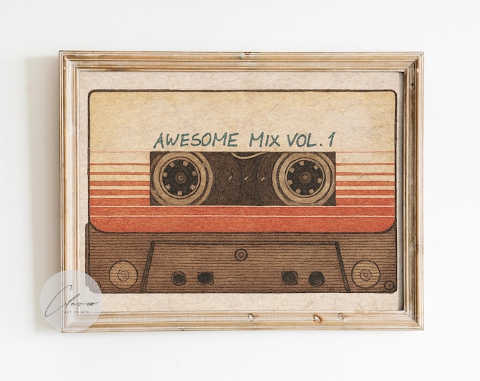 Retro Cassette Tape Wall Art Print – Vintage 80s Music Poster, Awesome Mix Vol 1 Print, Nostalgic Home Decor for Music Lovers | Antique Art
