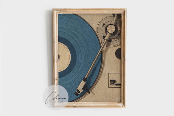 Blue Vinyl Record Player Art Print, Retro Turntable Wall Decor, Vintage Music Lover Poster, Mid-Century Modern Home Artwork for Gallery Wall