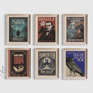 May include: Six framed vintage book covers, including "Dracula," "Frankenstein," and "1984." Each frame has a light wood finish. The artwork features classic horror and gothic themes, with dark colour palettes and stylized illustrations.