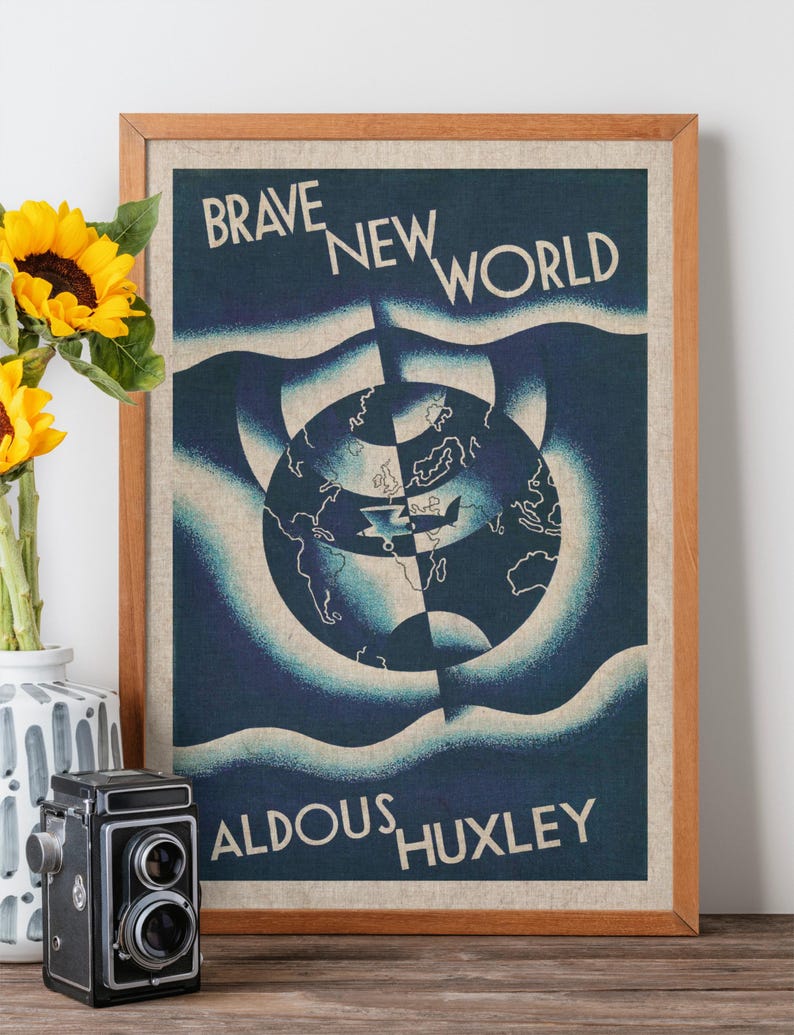 May include: Framed vintage poster with the text "BRAVE NEW WORLD" and "ALDOUS HUXLEY". The artwork features a stylized globe in shades of blue and white. A vintage camera and sunflowers in a vase are in the foreground.
