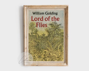 May include: Framed print of the book cover for "Lord of the Flies" by William Golding. The artwork features a jungle scene in black and yellow, with the title in red. The frame is a light brown color.