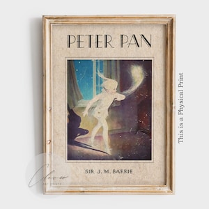 May include: Framed vintage print of Peter Pan. The artwork features a ghostly figure of Peter Pan reaching out, with a starry night sky visible through a window. The title "Peter Pan" and author's name are printed at the top and bottom.