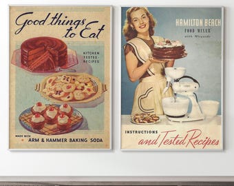 Vintage Baking Recipe Book Cover Art Print | Retro Kitchen Wall Decor Ideas | Rustic Dining Room Digital Printable