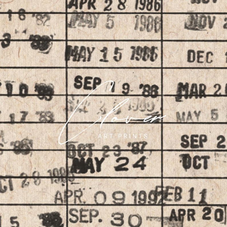 Peut inclure: Un gros plan sur une page de calendrier vintage avec des dates et des num&eacute;ros &eacute;crits &agrave; la main. Les dates du calendrier vont d'avril 1986 &agrave; avril 1997. Le texte "Clover Art Prints" est visible au centre de l'image.