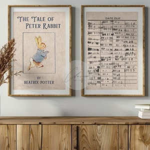 May include: Two framed prints, one with a vintage illustration of Peter Rabbit from "The Tale of Peter Rabbit" by Beatrix Potter, and the other with a vintage library card with the text "Date Due" and a list of dates.
