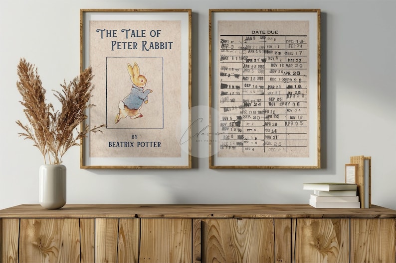 May include: Two framed prints, one with a vintage illustration of Peter Rabbit from "The Tale of Peter Rabbit" by Beatrix Potter, and the other with a vintage library card with the text "Date Due" and a list of dates.