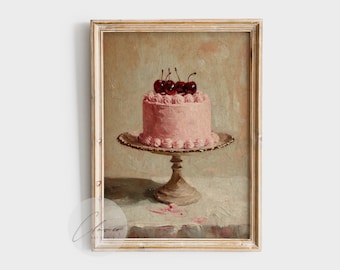 May include: A framed vintage-style painting shows a pink cake on a decorative stand. The cake is topped with cherries. The painting has a soft, muted colour palette with a light brown frame.