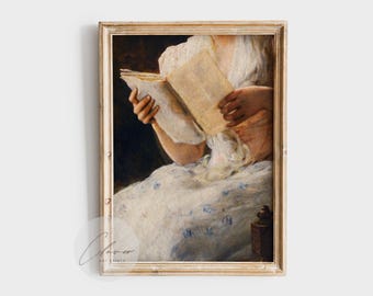 Vintage vrouw lezen boek Art Print - romantische literaire muur decor - antieke stijl schilderij - vrouwelijke leeshoek schattige digitale download