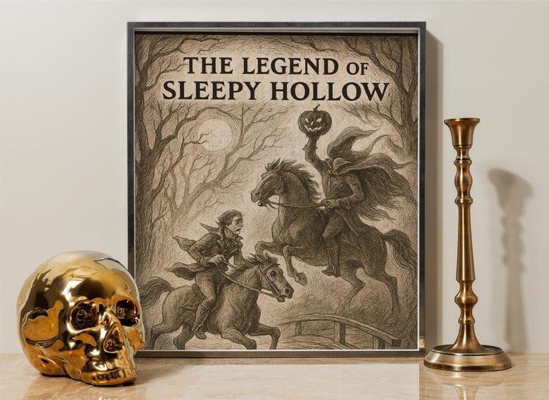 Peut inclure: Une impression encadr&eacute;e de "La L&eacute;gende de Sleepy Hollow" avec une illustration s&eacute;pia du Cavalier sans t&ecirc;te et d'Ichabod Crane &agrave; cheval. Un cr&acirc;ne dor&eacute; et un bougeoir en laiton sont au premier plan.