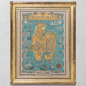 May include: A vintage-style map of Treasure Island, framed in a gold frame. The map features a detailed illustration of the island, including landmarks like Skull Island, North Inlet, and the Captain's Cabin. The map is surrounded by a decorative border and includes a compass rose and a scale.