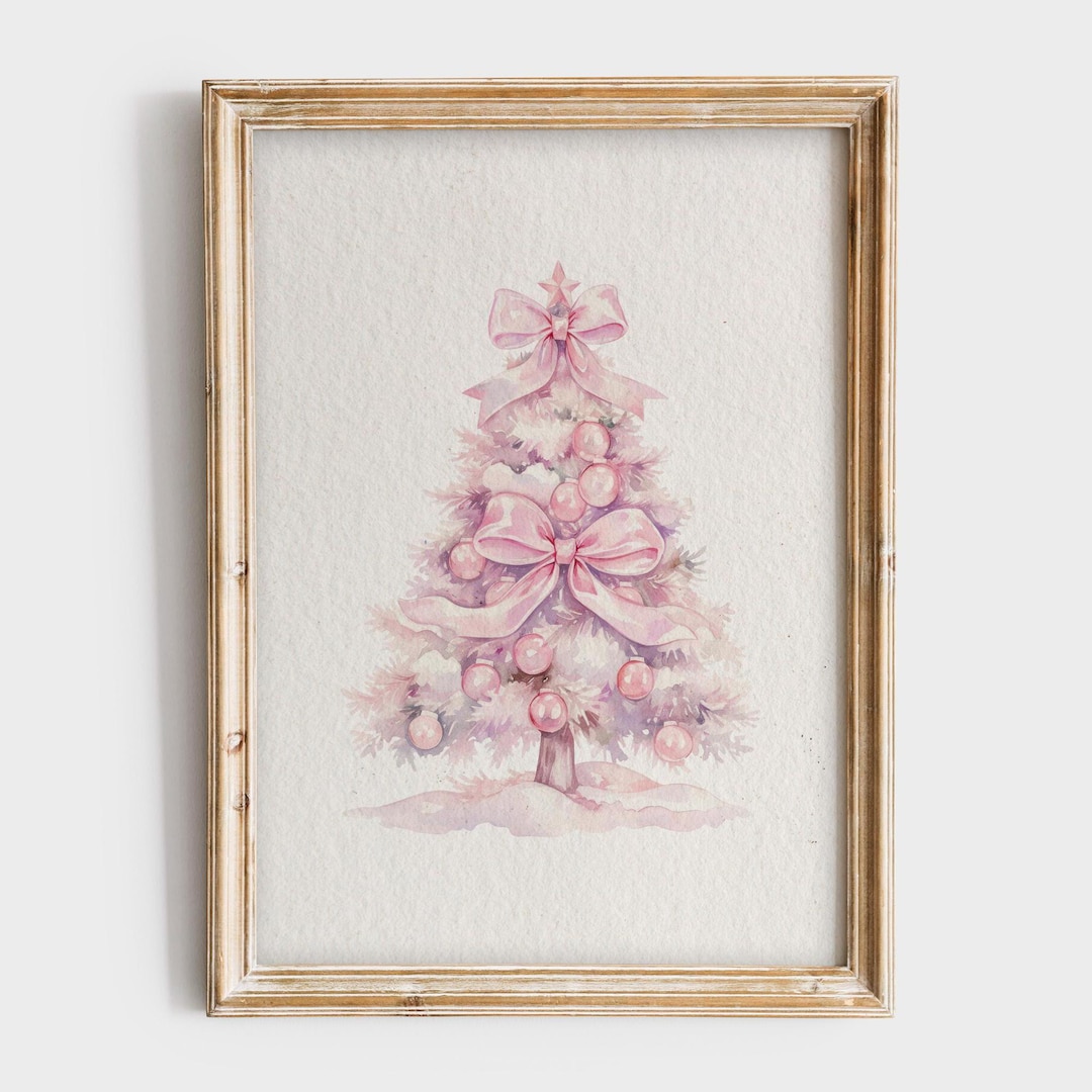 Pink Christmas Tree Art Print, Pastel Holiday Decor, Elegant Christmas ...