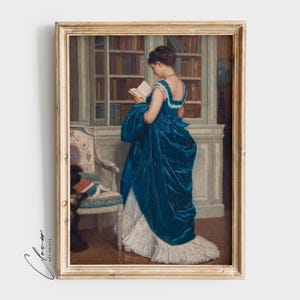 Victorian Woman Reading in a Library | Antique Library Prints | Vintage Book Lover Prints for Library Wall Decor | Classic Reader Painting